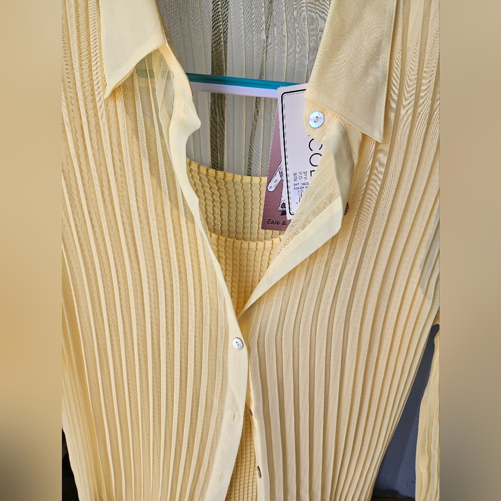 Nicola Pale Yellow Pleated Sheer Button-Up Blouse with Tank - Picture 7 of 10